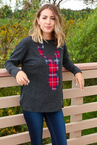 Grey Two Tone Knit Plaid Reindeer Sweater Top