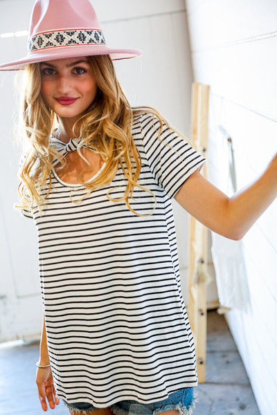 Black/Ivory Stripe Knotted Short Sleeve Top