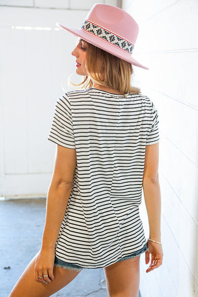 Black/Ivory Stripe Knotted Short Sleeve Top