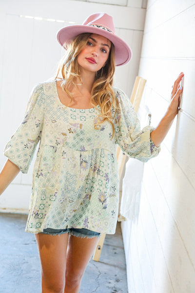 Mint Patchwork Print Crinkle Woven Babydoll Top