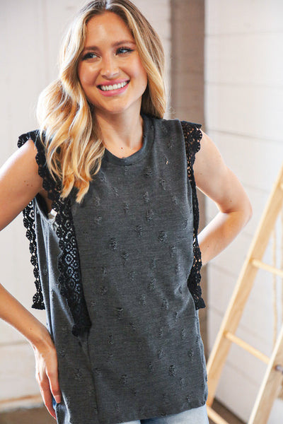 Charcoal Distressed Sleeveless Crochet Lace Top