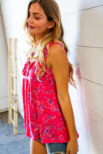 Fuchsia Boho Paisley Sleeveless Ruffle Top