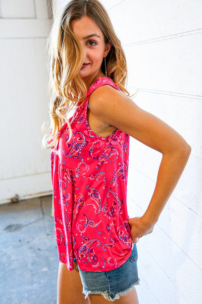 Fuchsia Boho Paisley Sleeveless Ruffle Top