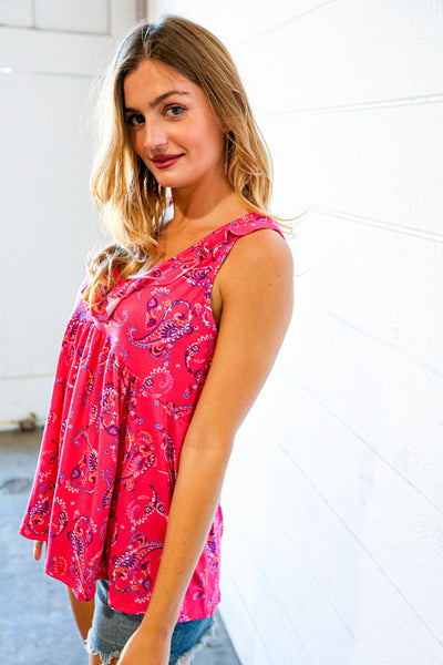 Fuchsia Boho Paisley Sleeveless Ruffle Top