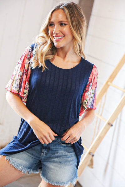 Navy Rib Patchwork Crinkle Flutter Sleeve Knit Top