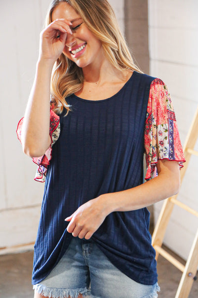 Navy Rib Patchwork Crinkle Flutter Sleeve Knit Top