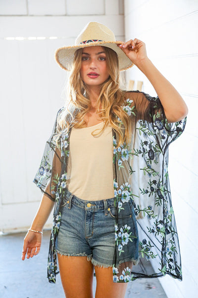 Black Mesh Floral Embroidery Short Sleeve Kimono