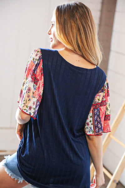 Navy Rib Patchwork Crinkle Flutter Sleeve Knit Top