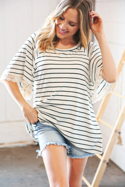 Black Stripe Crochet Lace Sleeve Knit Top