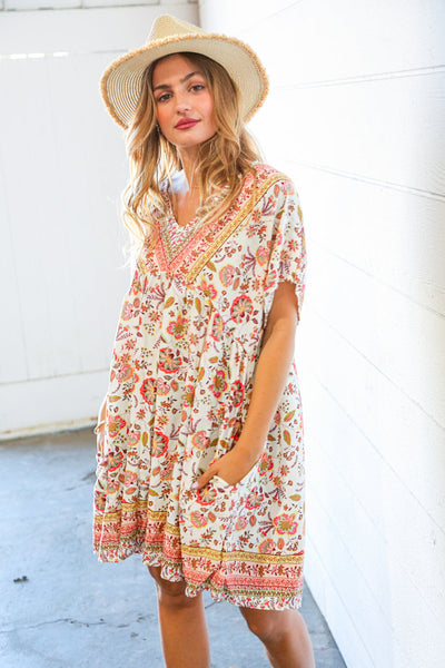 Boho Paisley Print Woven Pocketed Dress