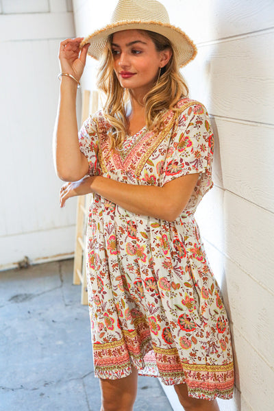 Boho Paisley Print Woven Pocketed Dress