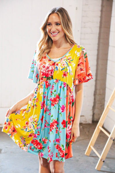 Multicolor Floral Color Block V Neck Flutter Sleeve Dress