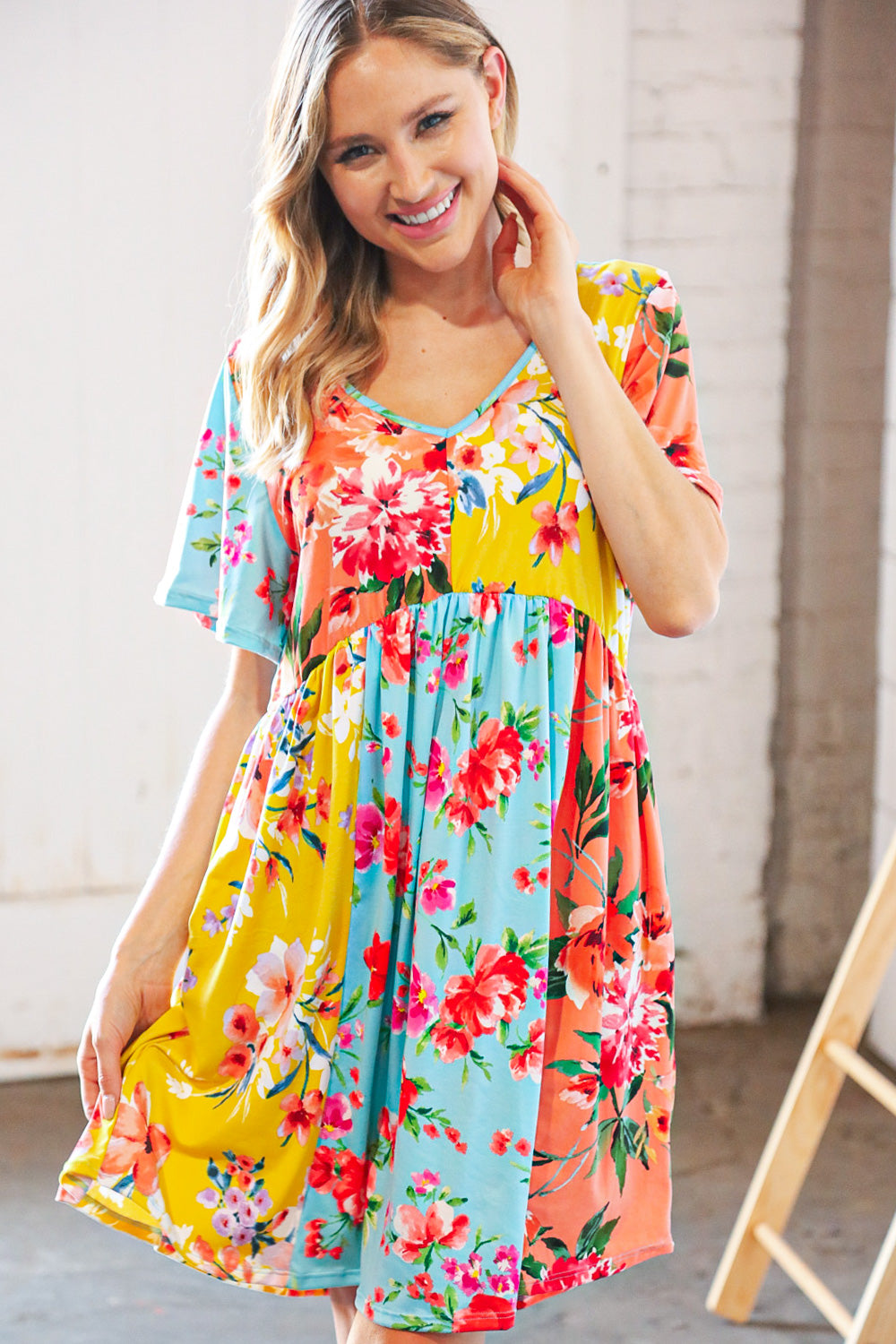 Multicolor Floral Color Block V Neck Flutter Sleeve Dress