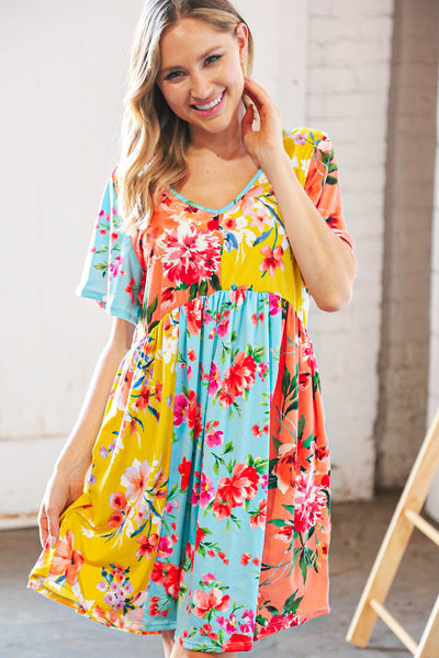 Multicolor Floral Color Block V Neck Flutter Sleeve Dress