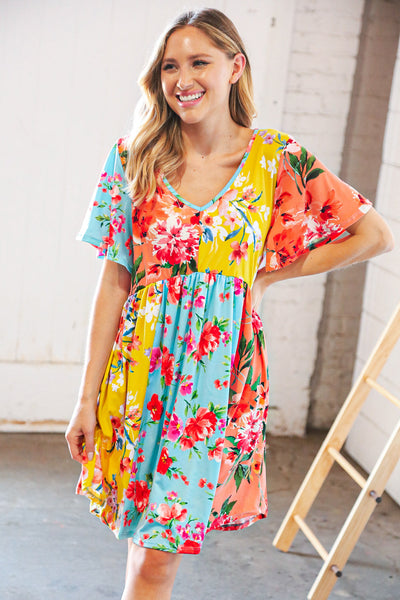 Multicolor Floral Color Block V Neck Flutter Sleeve Dress