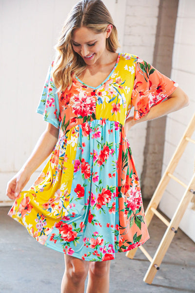 Multicolor Floral Color Block V Neck Flutter Sleeve Dress