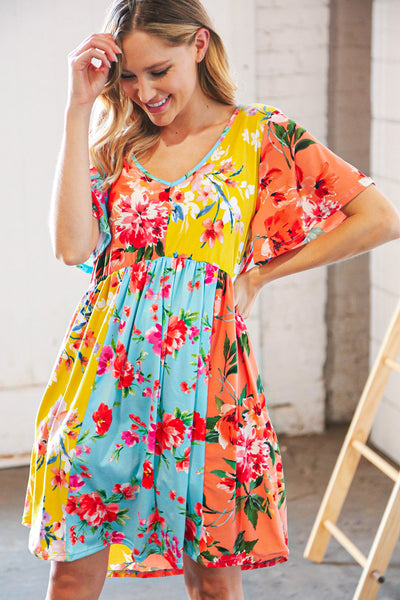 Multicolor Floral Color Block V Neck Flutter Sleeve Dress