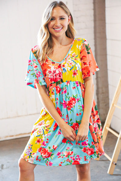 Multicolor Floral Color Block V Neck Flutter Sleeve Dress