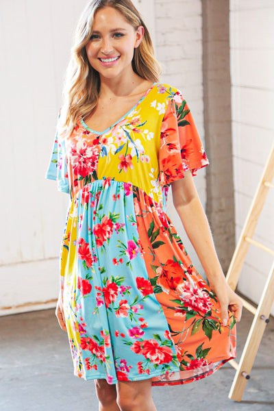 Multicolor Floral Color Block V Neck Flutter Sleeve Dress