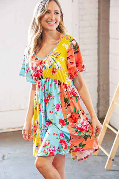 Multicolor Floral Color Block V Neck Flutter Sleeve Dress