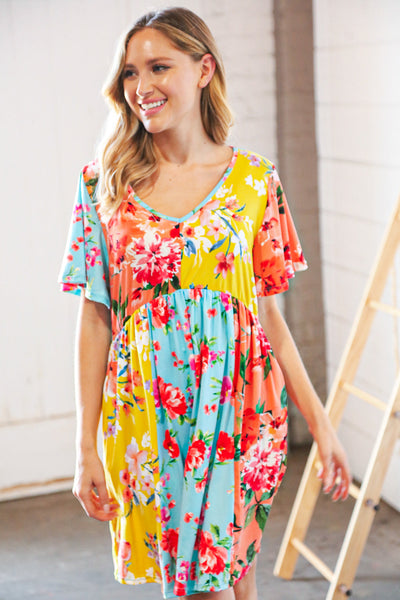 Multicolor Floral Color Block V Neck Flutter Sleeve Dress