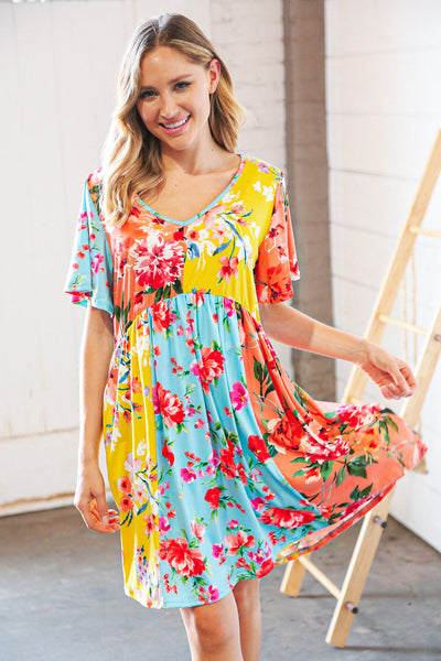 Multicolor Floral Color Block V Neck Flutter Sleeve Dress