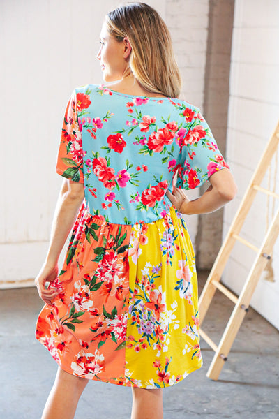 Multicolor Floral Color Block V Neck Flutter Sleeve Dress