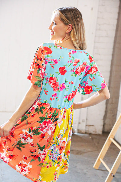 Multicolor Floral Color Block V Neck Flutter Sleeve Dress