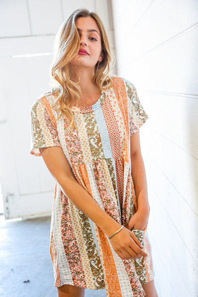 Multicolor Vertical Stripe Paisley Print Flare Pocketed Dress