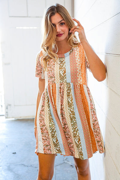 Multicolor Vertical Stripe Paisley Print Flare Pocketed Dress