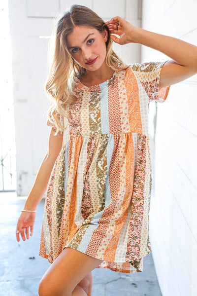 Multicolor Vertical Stripe Paisley Print Flare Pocketed Dress