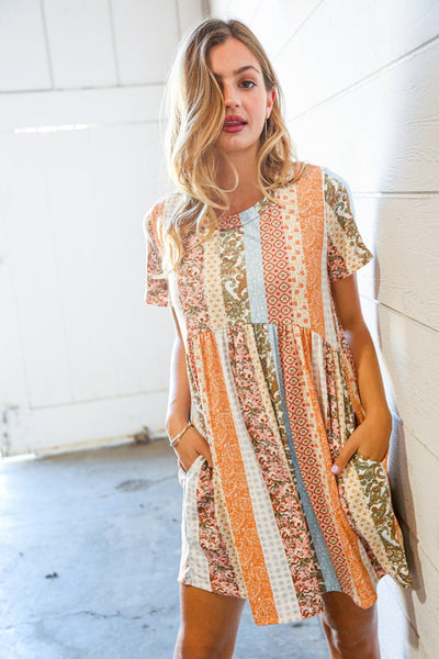 Multicolor Vertical Stripe Paisley Print Flare Pocketed Dress