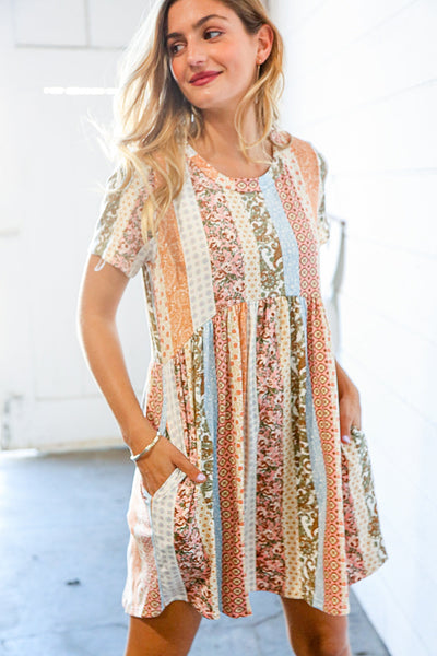 Multicolor Vertical Stripe Paisley Print Flare Pocketed Dress