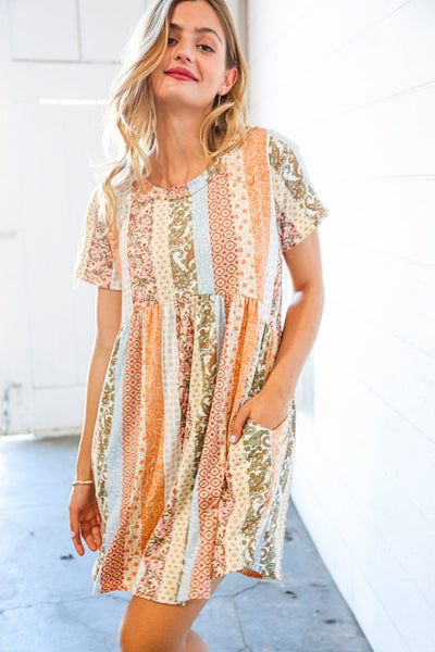 Multicolor Vertical Stripe Paisley Print Flare Pocketed Dress