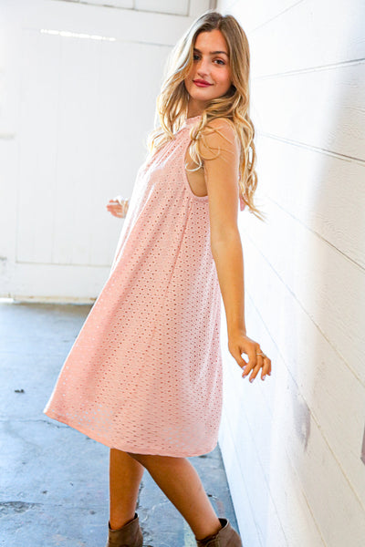 Dusty Rose Eyelet Halter Neck Back Tie Dress