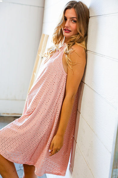 Dusty Rose Eyelet Halter Neck Back Tie Dress