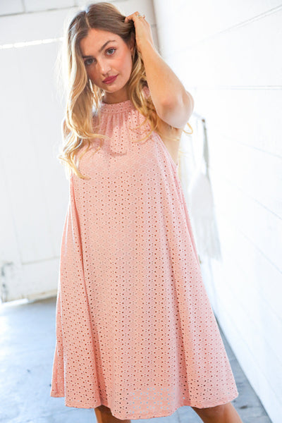 Dusty Rose Eyelet Halter Neck Back Tie Dress