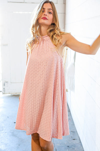 Dusty Rose Eyelet Halter Neck Back Tie Dress