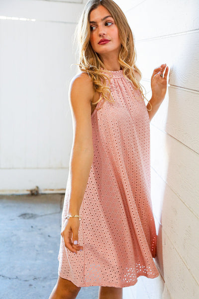 Dusty Rose Eyelet Halter Neck Back Tie Dress