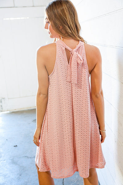 Dusty Rose Eyelet Halter Neck Back Tie Dress