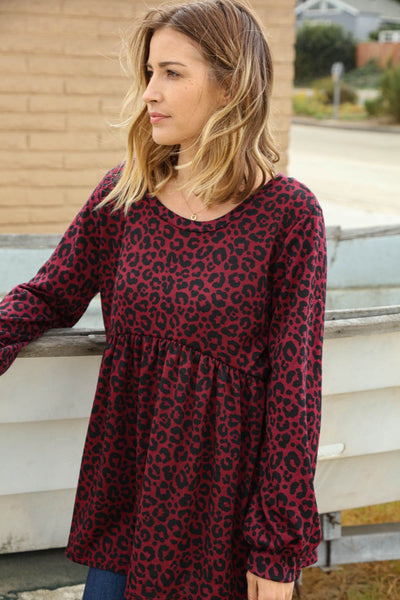 Plum Leopard Hacci Babydoll Long Sleeve Top