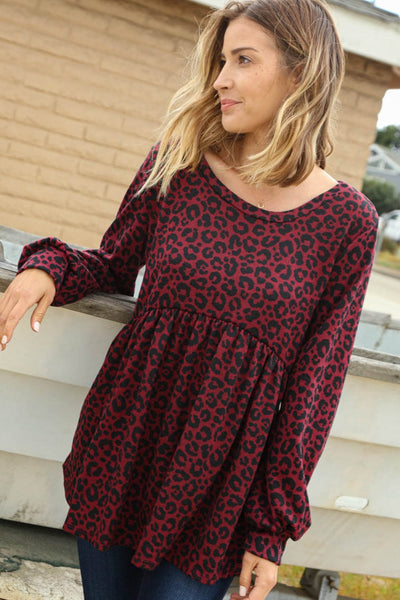 Plum Leopard Hacci Babydoll Long Sleeve Top