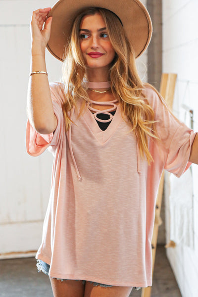 Rose Drop Shoulder Lace Up Terry Knit Top