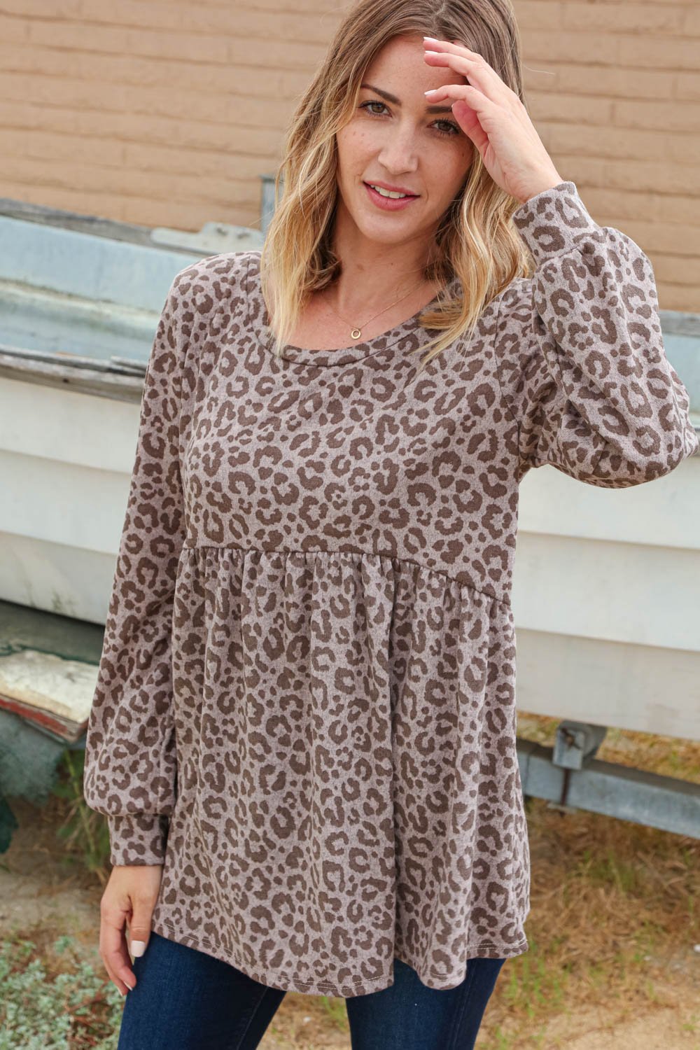 Beige Leopard Hacci Babydoll Long Sleeve Top