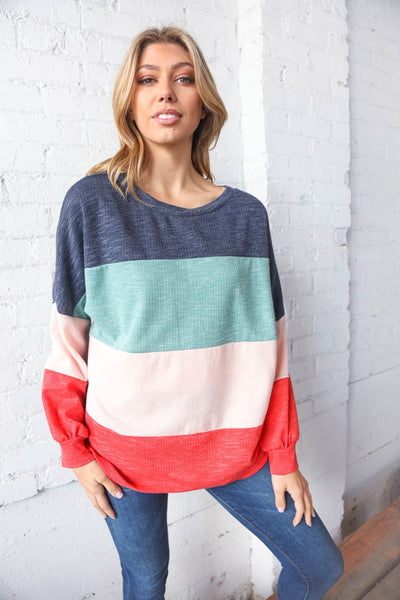 Navy Blue Color Block Crew Neck Textured Top