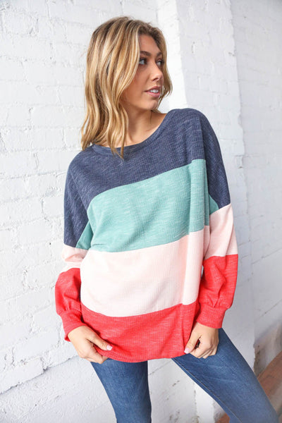 Navy Blue Color Block Crew Neck Textured Top