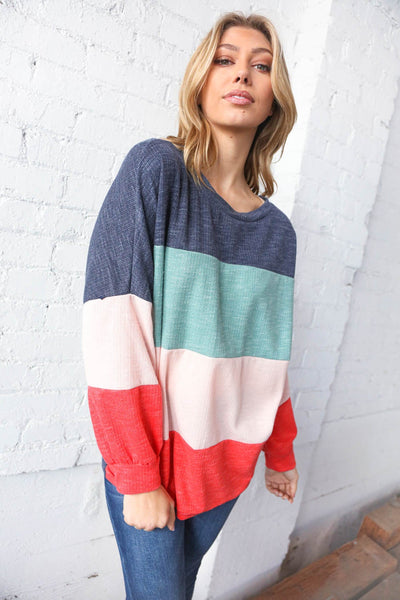 Navy Blue Color Block Crew Neck Textured Top