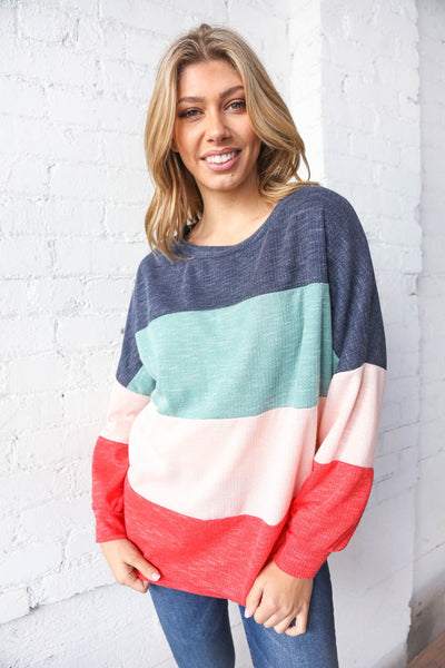 Navy Blue Color Block Crew Neck Textured Top