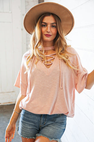 Rose Drop Shoulder Lace Up Terry Knit Top