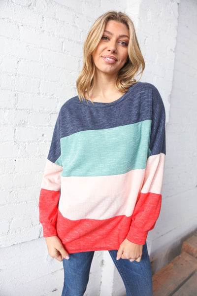 Navy Blue Color Block Crew Neck Textured Top